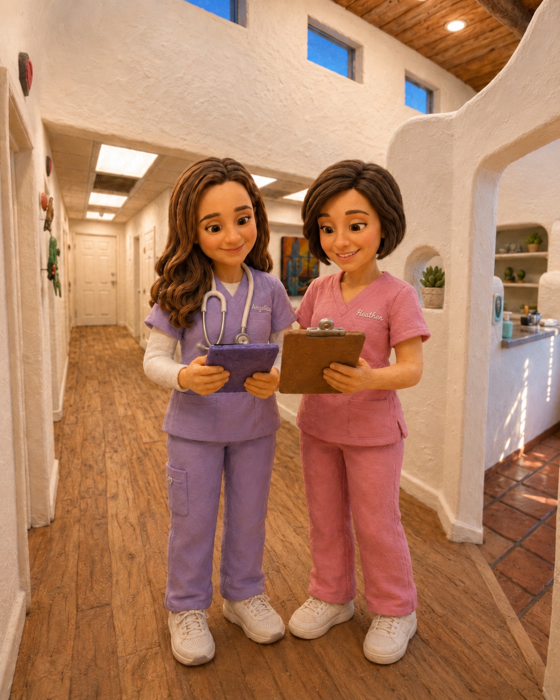 Two Barrio Babies nurse practitioners in pink and lavender scrubs reviewing a baby&rsquo;s chart together at the warm Tucson clinic