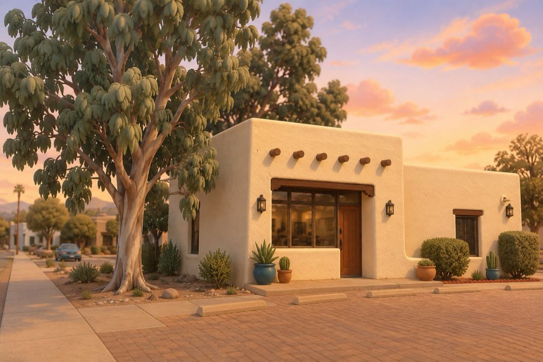 The Barrio Babies clinic building in Tucson at sunset