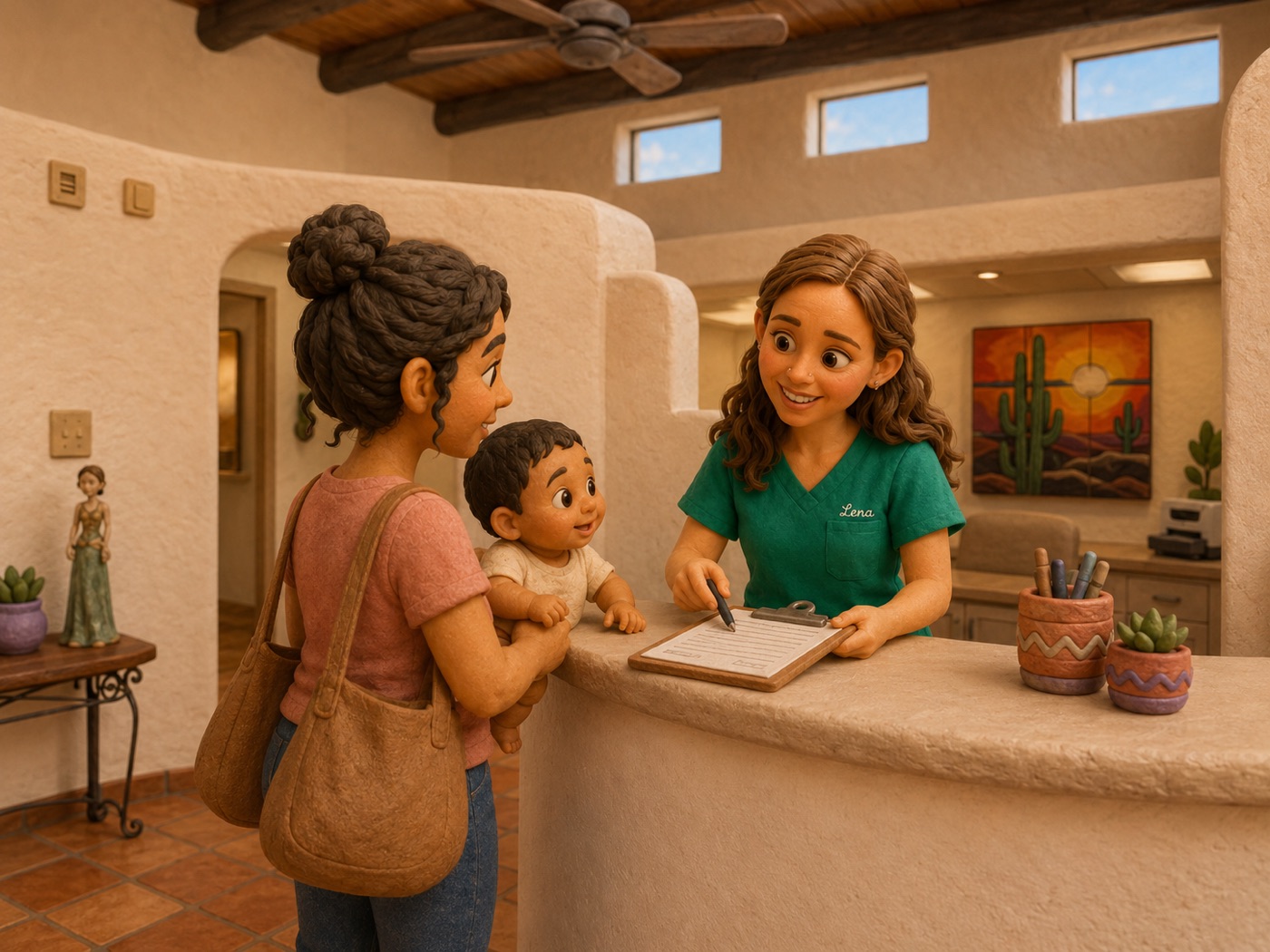 A friendly Barrio Babies receptionist warmly welcoming a new mother and her baby at the Tucson clinic front desk
