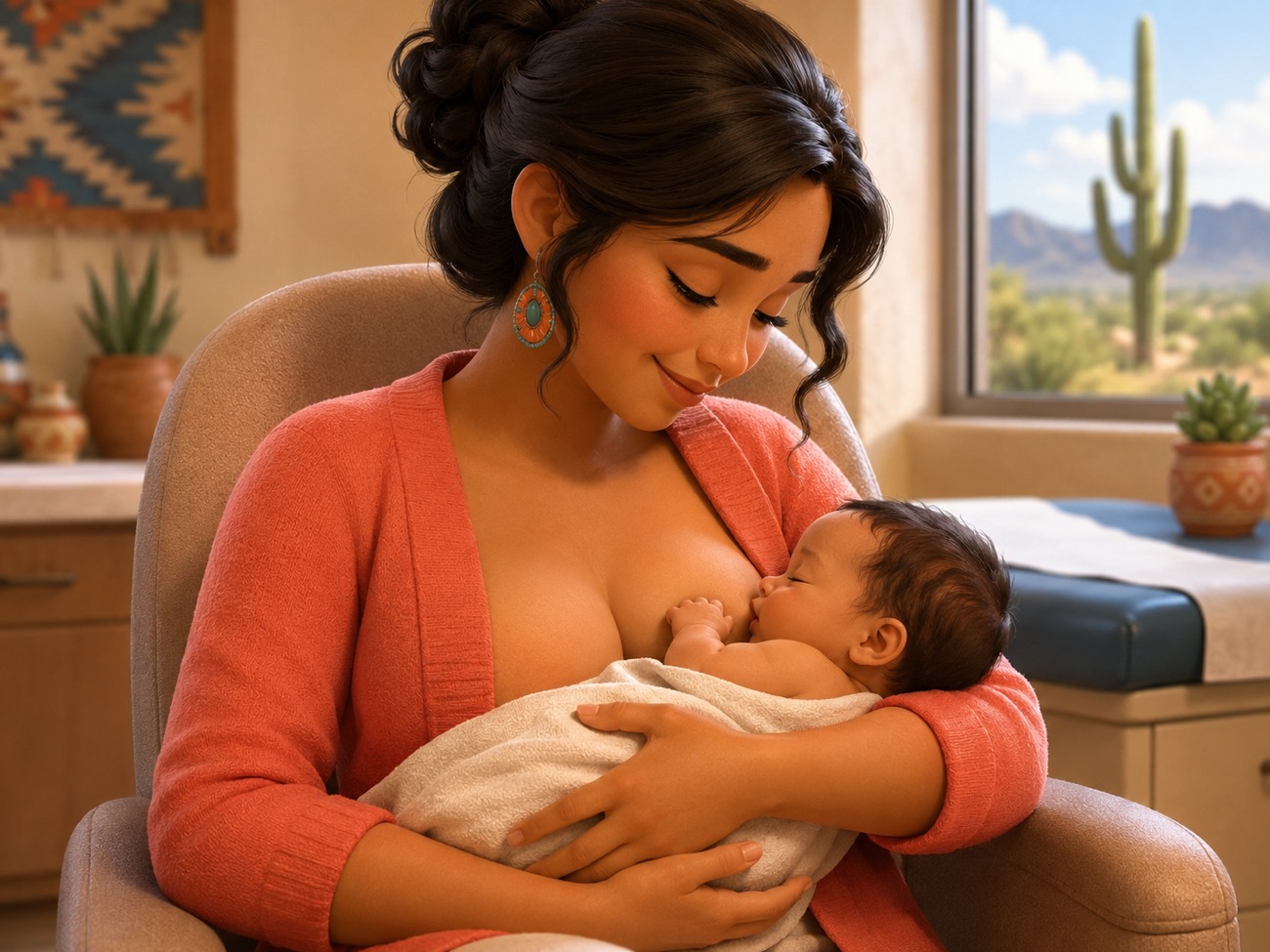 A Barrio Babies nurse practitioner supporting a Tucson mother as she breastfeeds her newborn