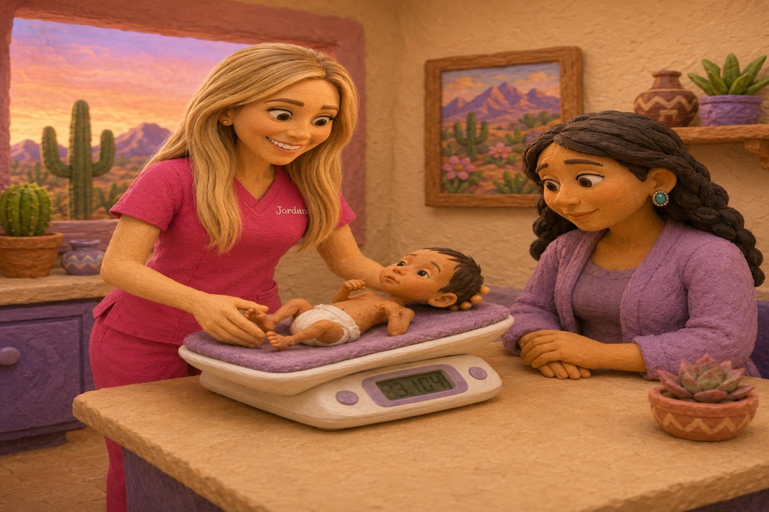 A Barrio Babies nurse practitioner weighing a newborn on a baby scale while the mother watches, in the Tucson clinic