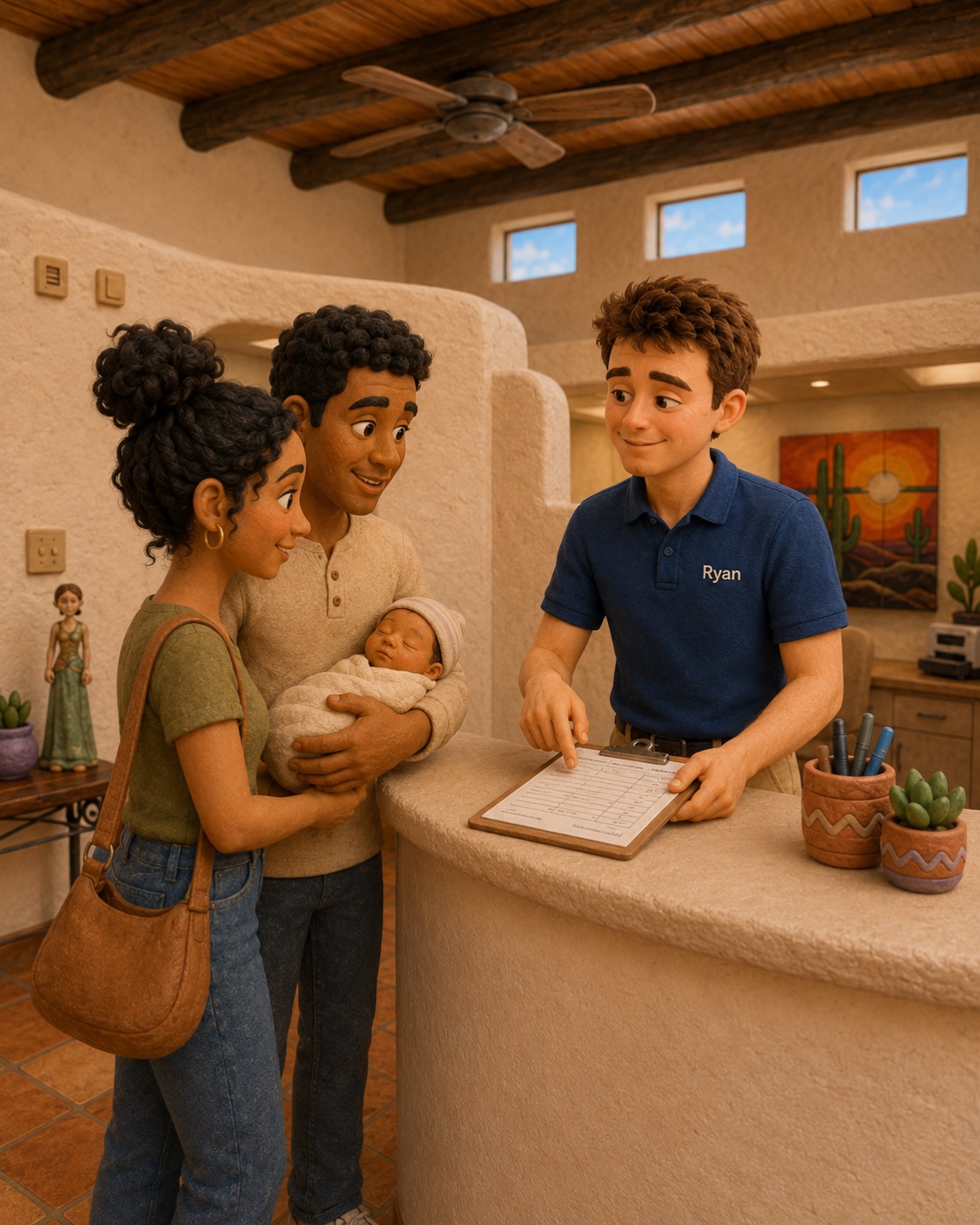 A friendly Barrio Babies front-desk team member helping a Tucson mother and her baby with billing paperwork