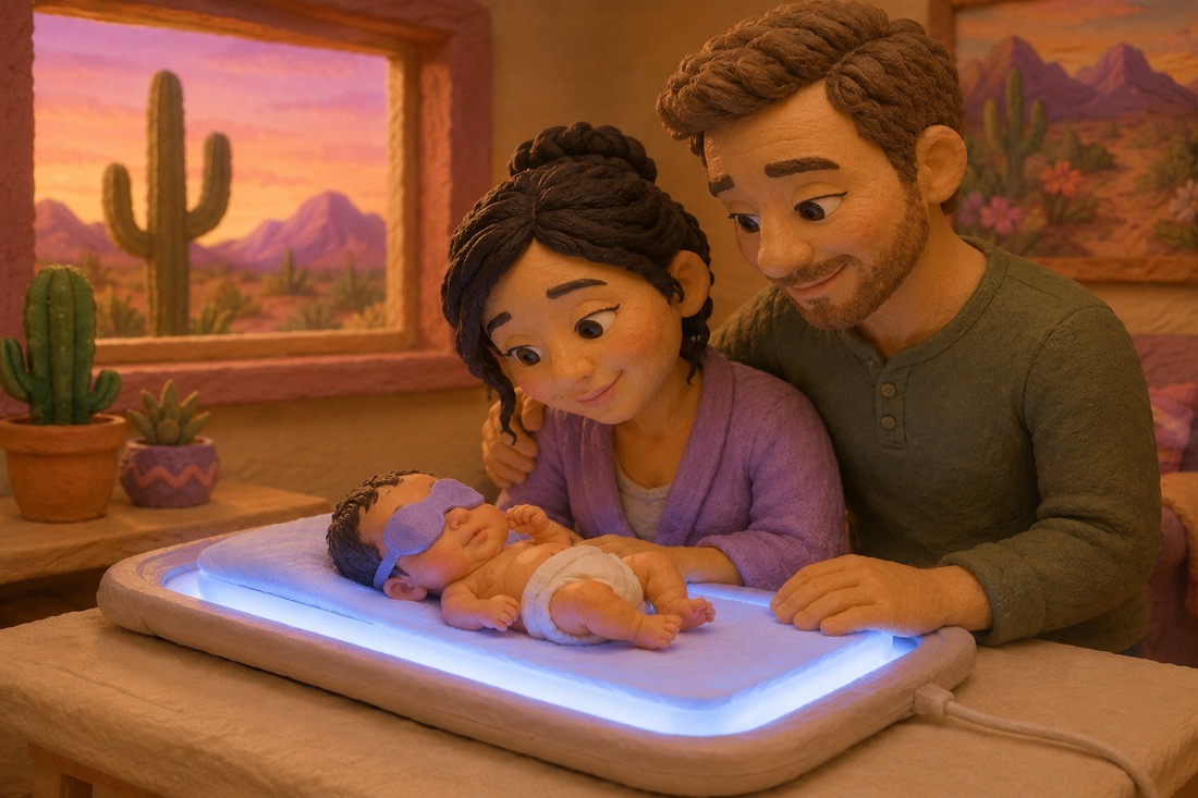 A calm newborn in a diaper and soft eye shields resting on a glowing phototherapy light pad