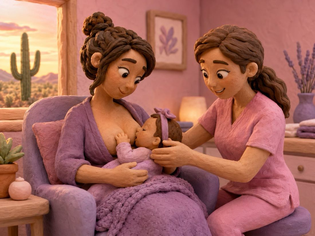 A Barrio Babies nurse practitioner gently helping a mother position her newborn for a better latch in the Tucson clinic