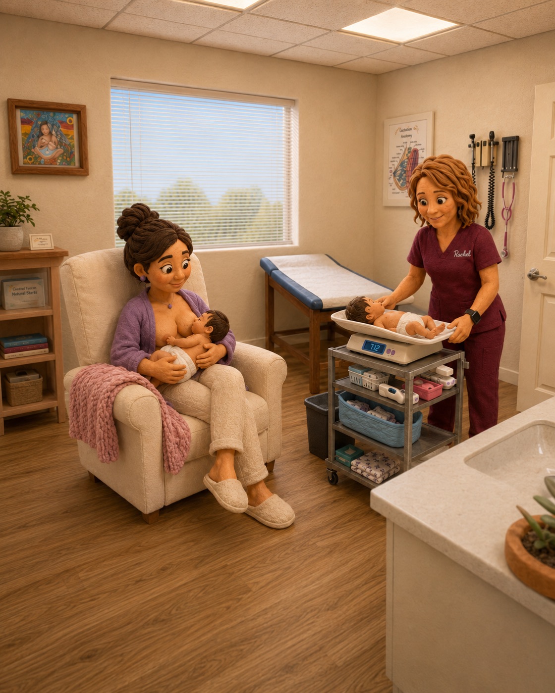 A Barrio Babies nurse practitioner weighing a newborn on a baby scale while the mother breastfeeds in the Tucson clinic
