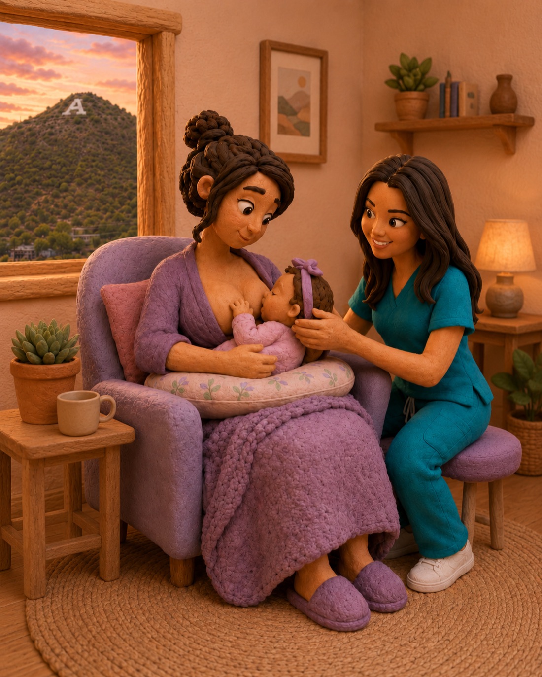 A Barrio Babies nurse practitioner gently reassuring a tired mother holding her newborn in the Tucson clinic