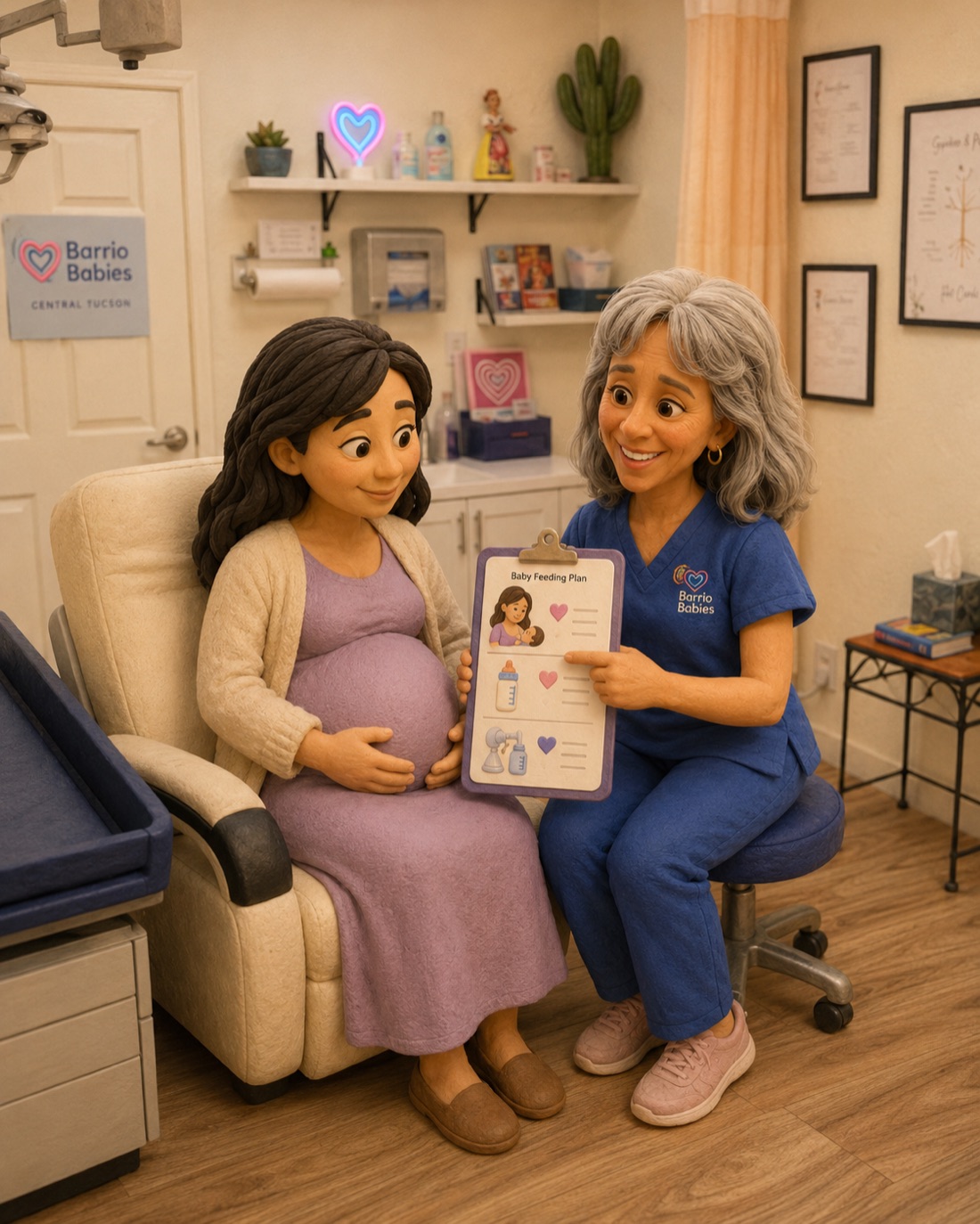 A pregnant mother reviewing a feeding plan with a Barrio Babies nurse practitioner in the Tucson clinic