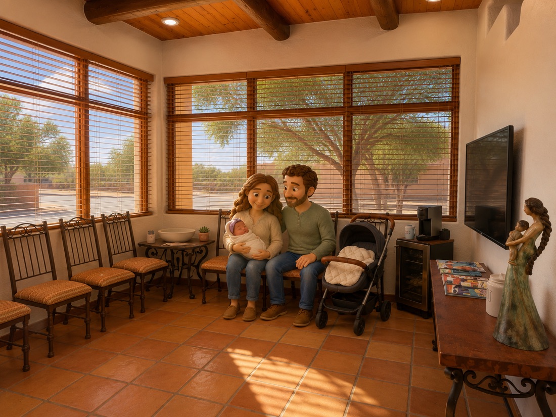 A calm pregnant mother checking in for her appointment in the welcoming Barrio Babies Tucson waiting area