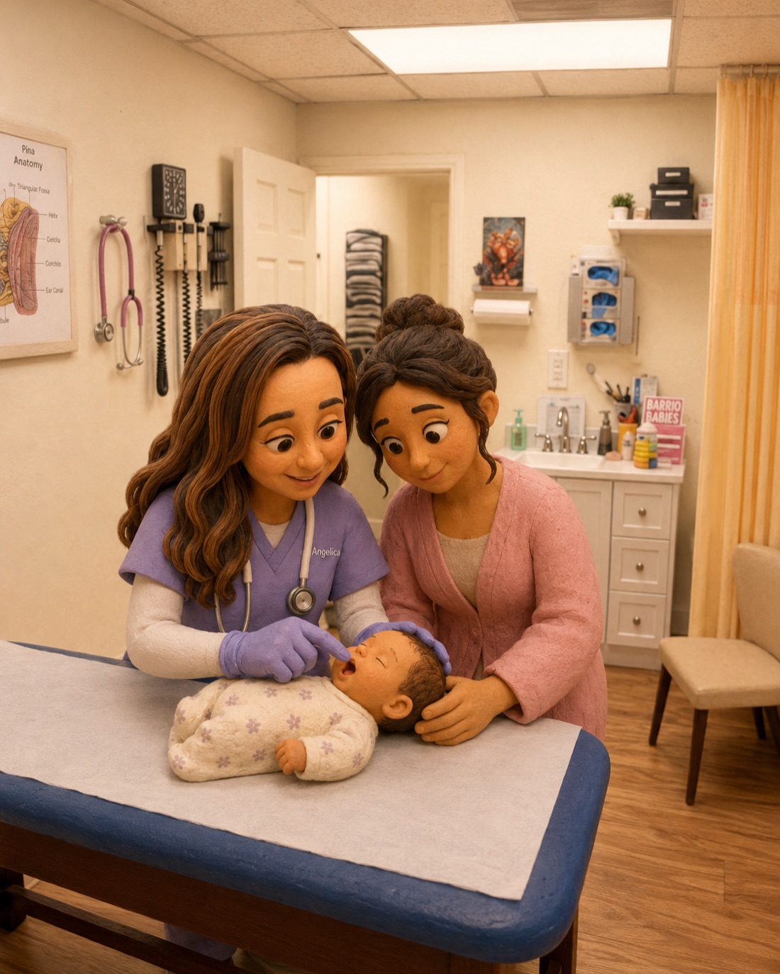 A Barrio Babies nurse practitioner gently examining a baby&rsquo;s mouth during a feeding evaluation while the mother holds the baby in the Tucson clinic